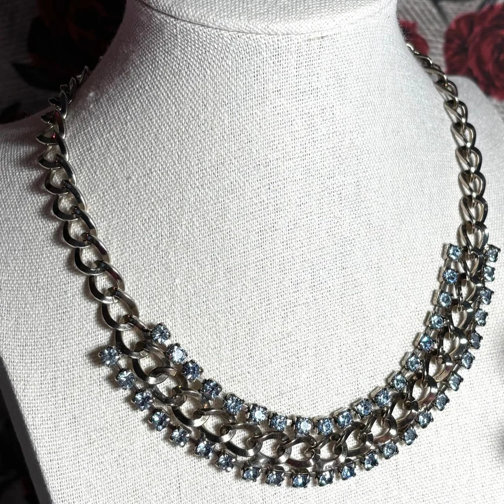 Vintage 1950's silver-toned bracelet and choker set with light blue rhinestones